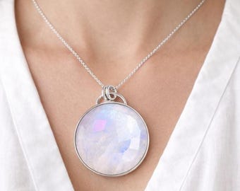 50mm Round Rainbow Moonstone Pendant Necklace –Faceted Large Healing Moonstone in 925 Sterling Silver | Unisex June Birthstone | Men Women