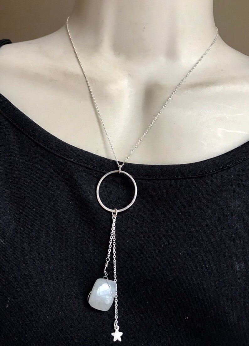 Moonstone necklace dangly star and circle moonstone lariat natural gemstone moonstone chunky crystal handmade Tassel necklace for her women