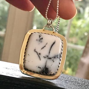 Dendritic Opal pendant necklace sterling silver set white gemstone natural raw Merlinite fern large boho statement  October birthstone gifts