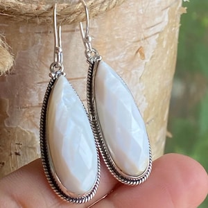 Pearl Earrings Sterling Silver for Women- Long Pearl Teardrop Earrings- Mother of Pearl Dangles -White Statement Earrings-Bridal Bridesmaids