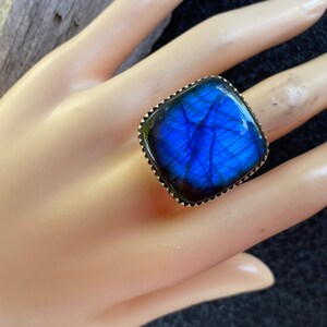 boho gemstone ring- Labradorite Ring for Men Women-Square Labradorite 925 Sterling Silver ring-Labradorite Bezel Set Ring size 8 9 10 Adjustable Size Stone Rin