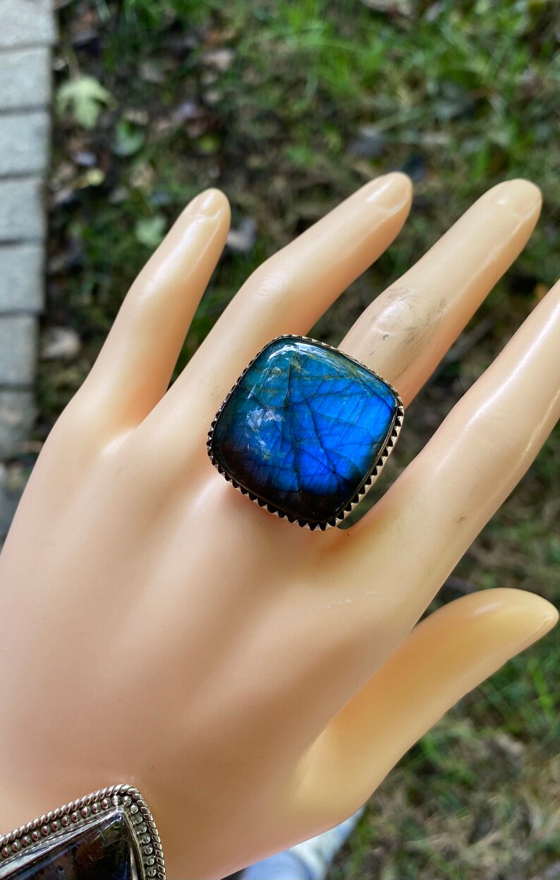 Find- blue gemstone cabochon ring-Labradorite Ring for Men Women-Square Labradorite 925 Sterling Silver ring-Labradorite Bezel Set Ring size 8 9 10 Adjustable Size Stone Rin