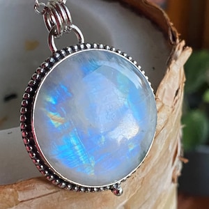 Moonlight: Large Round Rainbow Moonstone Moon Pendant Necklace in Sterling Silver for Men and Women - AAA Grade Natural Moonstone Jewelry