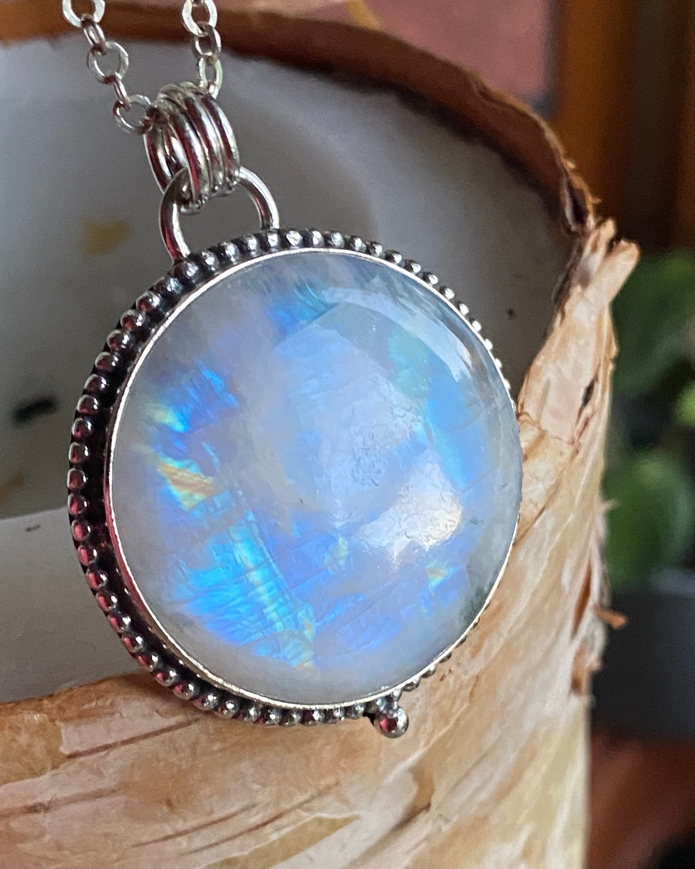 Moonlight: Large Round Rainbow Moonstone Moon Pendant Necklace in Sterling Silver for Men and Women - AAA Grade Natural Moonstone Jewelry