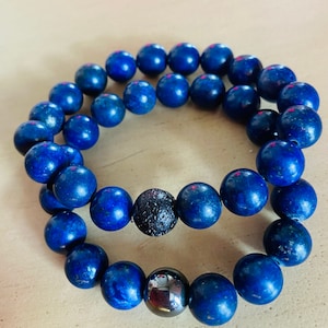 Lapis Lazuli Bracelet for Him Her-Boyfriend husband 10mm Round Lapis Bead boho Stacking Bracelet -Lava Healing Gemstone Gifts for Men Women