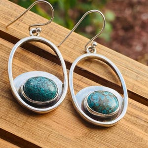 Genuine Turquoise Earrings Sterling Silver-Turquoise Hoops-Western Boho Earrings-925 Turquoise Dangle Drop Earrings-Turquoise Navajo Earring