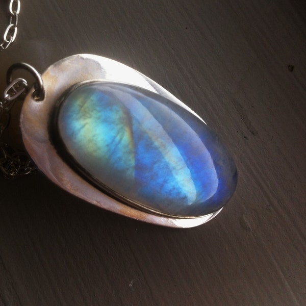 Rainbow Moonstone Pendant Necklace 925 Silver Artisan Bezel Set Oval shaped Fire Flash Moonstone Necklace Bridal Moonstone Jewelry- MoonDiva