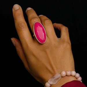 Ruby Sterling Silver Ring: for Women - July Birthstone Statement Rings | Ruby Pink Large Crystal Rings In Adjustable Size | Long Oval Rings