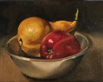Pear and apple in a metal bowl study