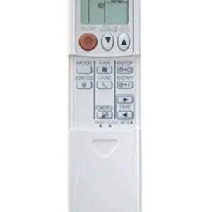 May include: White plastic remote control for an air conditioner with a digital display showing 80 degrees. The remote has buttons for mode, fan, timer, and other functions.