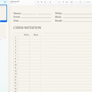 May include: A cream-colored page from a stationery PDF, labeled "Page 1 of 2." The page features a "CHESS NOTATION" section with spaces for names, event, date, and results. A table is provided for recording chess moves.