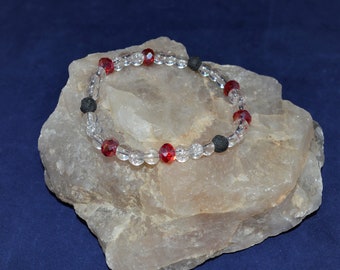Ruby White Diffuser Stretch Bracelet, black lava, clear crimson, cardinal bead, snowy, icy, jewelry, valentine, Christmas, VioletOpalThreads