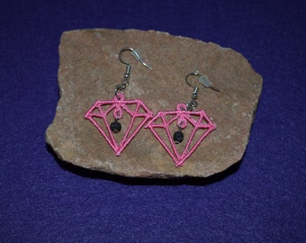 Pink Diamond Embroidered Earrings, diffuser earrings, aroma therapy, machine embroidered, scented, rosy pink, pastel, VioletOpalThreads