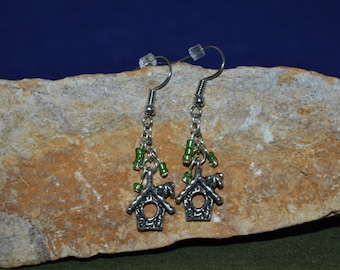 Green Bird House Earrings, beaded bird house, leafy looking beads,