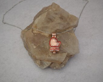 Red Oven Mit diffuser necklace, essential oils, unscented cage style locket, aroma therapy, steel pendant, rhinestone, lava bead, VioletOpal