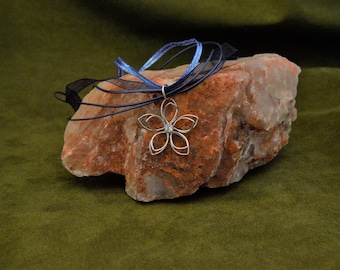 Silver Lilly Pendant, wire flower, ribbon jewelry, rhinestone center, double floral, steel, hypo allergenic pendent, VioletOpalThreads
