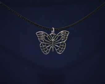 Etched Butterfly Necklace, wire butterfly, butterfly charm, pewter, silvery detailed pendant, airy, fantasy, whimsical, fantasia, VIoletOpal