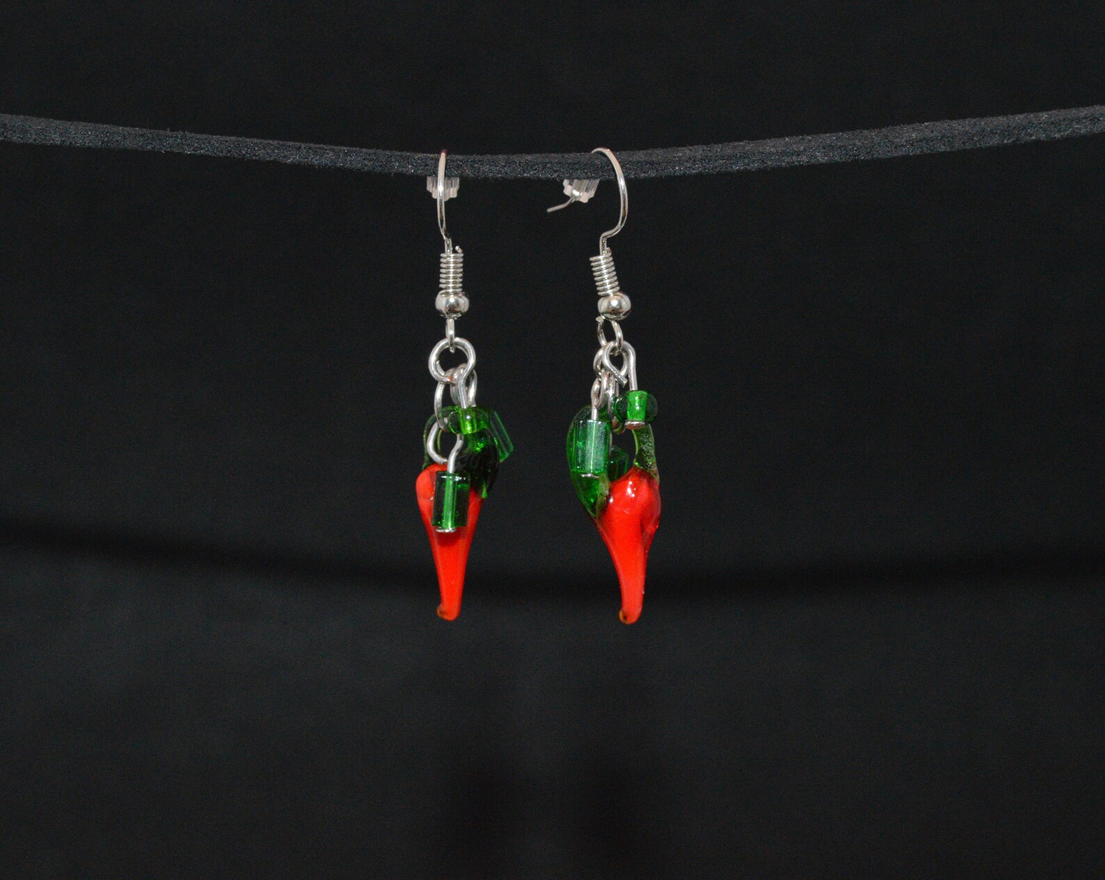Red Pepper Earrings, Glass Chilies, Beaded Leaves Chilis, Seed Bead