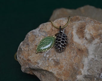 Pine cone necklace, pine seed, leafy seed, elm leaf, yellowwood leaf, conifer, fantasy, woodland, pine grove, timber, wildwood, VIoletOpal