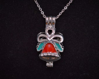 Red Christmas Bell diffuser necklace, essential oils, cage style locket, unscented, aroma therapy, steel pendant, lava bead, VioletOpal