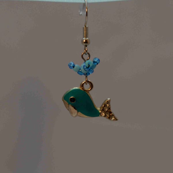 Whale Spout Earrings, Water Spout, Whales, Blue Whale, Rhinestone Whale, Beaded Whale, Water Fountain, Ocean Whale, Whale Dangle, Enameled