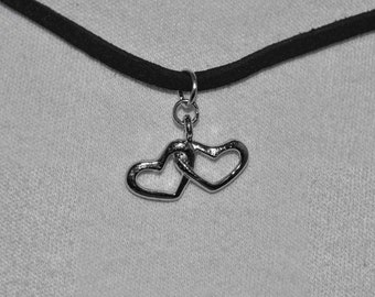 Silver Double Heart Suede Necklace, valentines, anniversary, sweetheart, pewter hearts, classically simple, heart charm, pendant