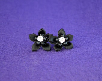 Black Flower Stud Earrings, white rhinestone, fabric flowers, sewing flowers, onyx, coal, raven, ebony, polyester,  VioletOpalThreads