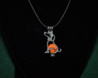 Orange Puff Dog diffuser necklace, Cage style, Orange pompom, aroma therapy, essential oil jewelry, silvery black lab, VioletOpalThreads