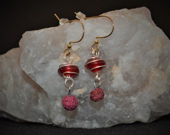 Ruby Red Spirals, diffuser earrings, lava bead, aroma therapy, essential oil jewelry, wire wrapped, porous beads, VioletOpalThreads
