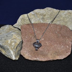Pode incluir: Um colar de corrente de prata com um pingente de gaiola de prata. O pingente tem a forma de uma concha e apresenta um design delicado e intrincado. O colar é exibido em uma rocha marrom.