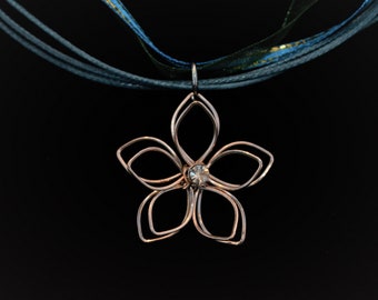 Gold Lilly Pendant, golden wire flower, ribbon jewelry, rhinestone center, hypo allergenic pendent, double floral, yellow, VioletOpalThreads