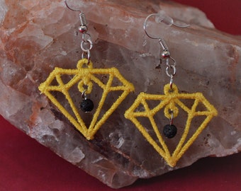 Embroidered diffuser earrings, canary yellow diamond, essential oil, aroma therapy, unscented, banana yellow, daffodil, VioleOpalThreads