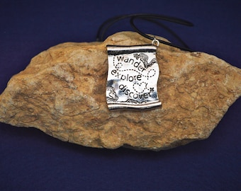 Explorer Map necklace, Explore Wander Discover, map scroll, silvery map pendant, engraved black letters, steel, mix metal, VioletOpalThreads