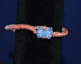 Square Knot Butterfly button bracelet, pink spiral buttonhole, purple, fine yarn friendship, color shifting thread, pink, VioletOpalThreads