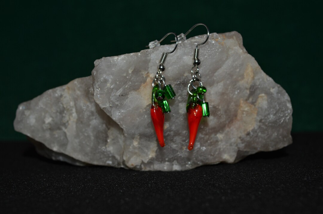 Red Pepper Earrings, Glass Chilies, Beaded Leaves Chilis, Seed Bead Peppers, Lava Peppers