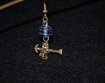 Into Sky Golden Airplane Earrings, airplane charms, biplane, flying, wire-wrapped, cobalt, blue, brass, mixed metal, VioletOpalThreads