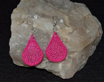 Flamingo Pink Drop Diffuser Earrings, machine embroidered earrings, aroma therapy, dangle, fuscia, hot pink, raindrop, teardrop, VoiletOpal