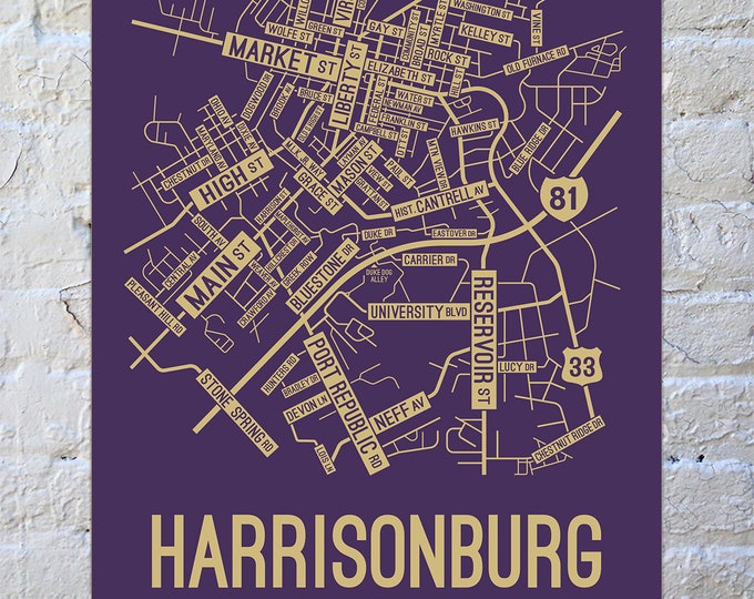 Harrisonburg Virginia Street Map Screen Print College Town Etsy