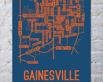 Gainesville, Florida Street Map Screen Print - College Town Map