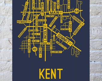 Kent, Ohio Street Map Screen Print - College Town Map