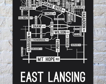East Lansing, Michigan Street Map Screen Print | College Campus Map