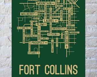 Fort Collins, Colorado Street Map Screen Print - College Town Map