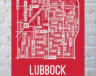 Lubbock, Texas Street Map Screen Print - College Town Map