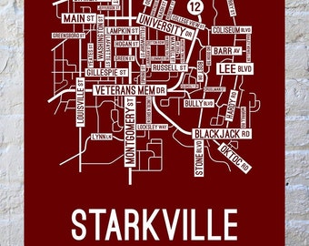 Starkville, Mississippi Street Map Poster, Canvas, or Metal Print