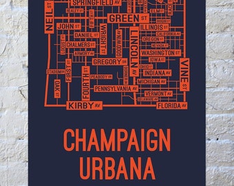 Champaign Urbana, Illinois Street Map Screen Print | College Town Map