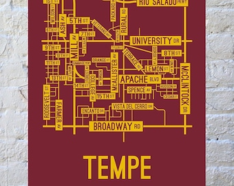 Tempe, Arizona State Street Map Screen Print - College Town Map