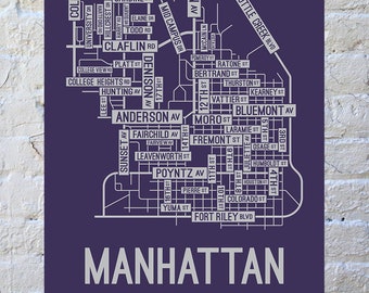 Manhattan, Kansas Street Map Screen Print - College Town Map