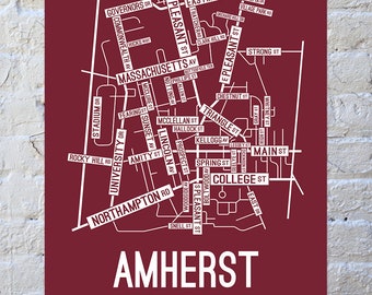 Amherst, Massachusetts Street Map Screen Print | College Town Map