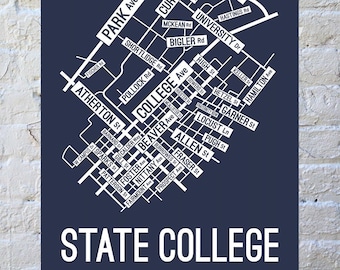 State College, Pennsylvania Street Map Screen Print | College Town Map