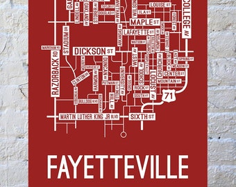 Fayetteville, Arkansas Street Map Screen Print - College Town Map